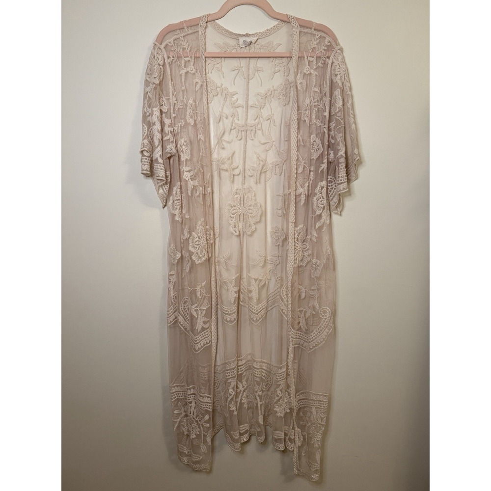 Siren Lily Ivory Cream Embroidered Mesh Duster Kimono Lace Cardigan - Size 1X